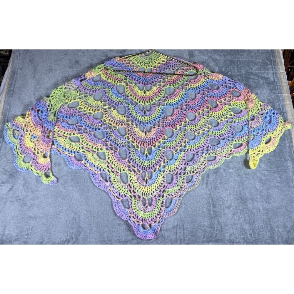 Handmade Crochet‎ Shawl Gradient Rainbow Pastel Flutter Design Triangular Wrap